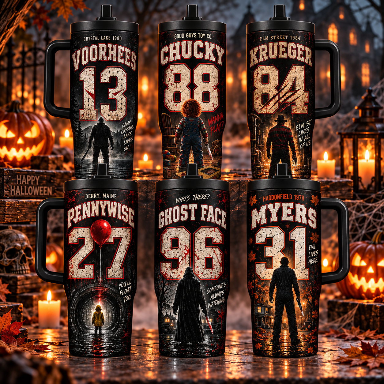 Horror Icons 40oz Tumbler with Handle – Halloween Slasher Collection, 3-Side Wrap Design, Insulated Travel Cup