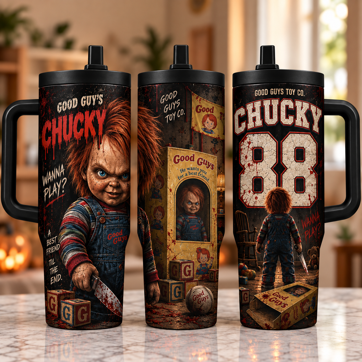 Horror Icons 40oz Tumbler with Handle – Halloween Slasher Collection, 3-Side Wrap Design, Insulated Travel Cup
