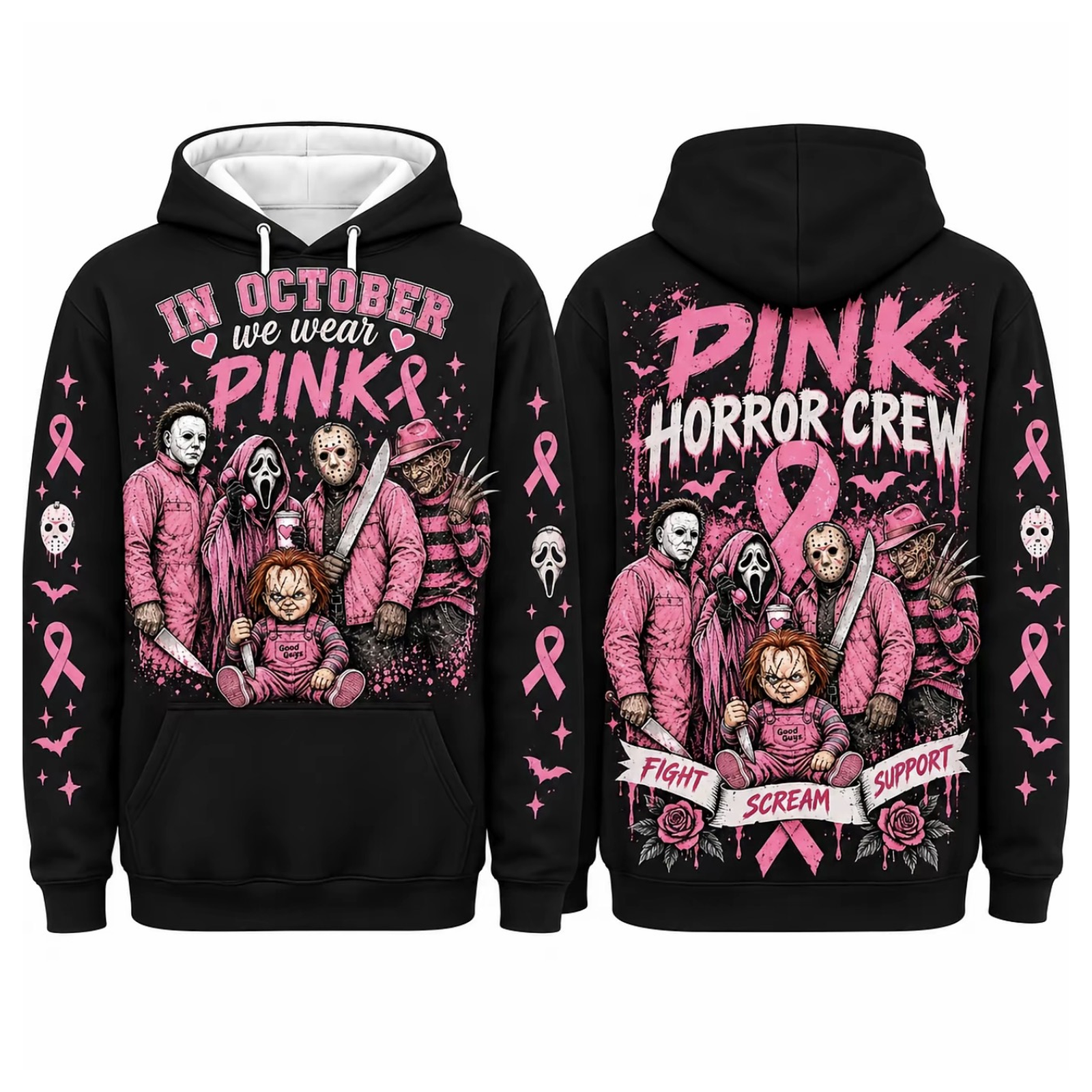 Pink Horror October Hoodie, In October We Wear Pink Scary Movie Character Pumpkin Bat Graphic Pullover Hoodie Black
