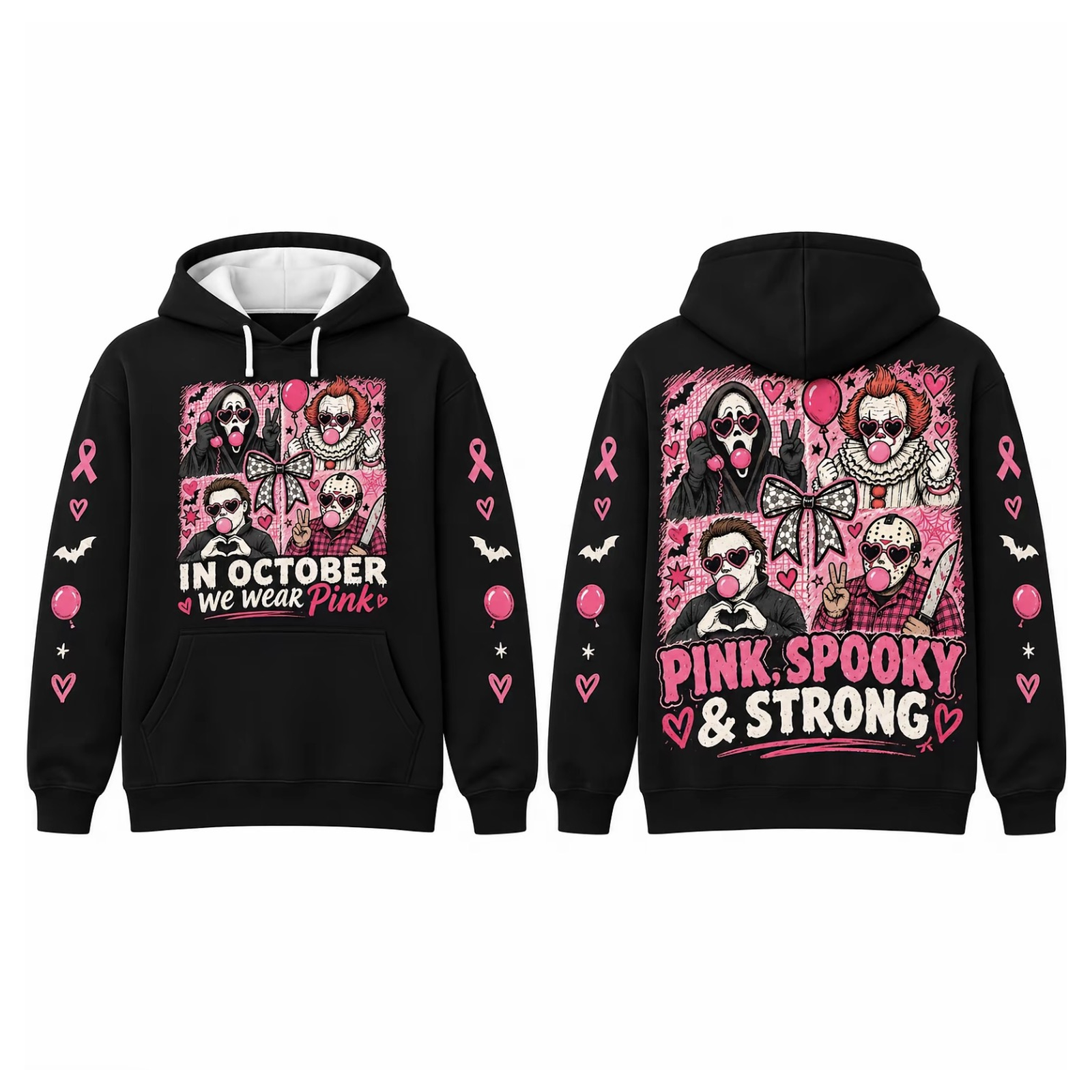 Pink Horror October Hoodie, In October We Wear Pink Scary Movie Character Pumpkin Bat Graphic Pullover Hoodie Black