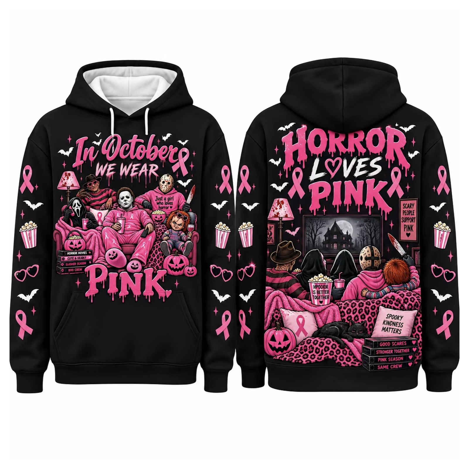 Pink Horror October Hoodie, In October We Wear Pink Scary Movie Character Pumpkin Bat Graphic Pullover Hoodie Black
