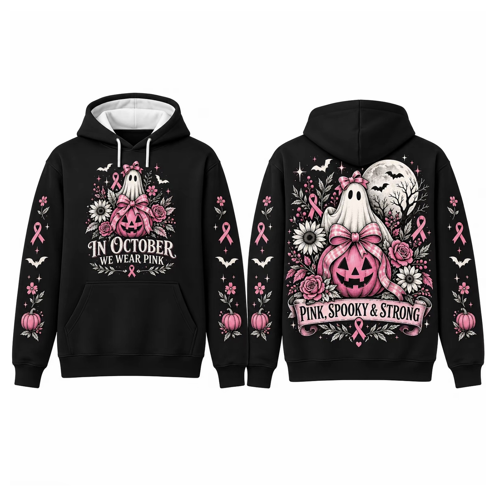 Pink Horror October Hoodie, In October We Wear Pink Scary Movie Character Pumpkin Bat Graphic Pullover Hoodie Black