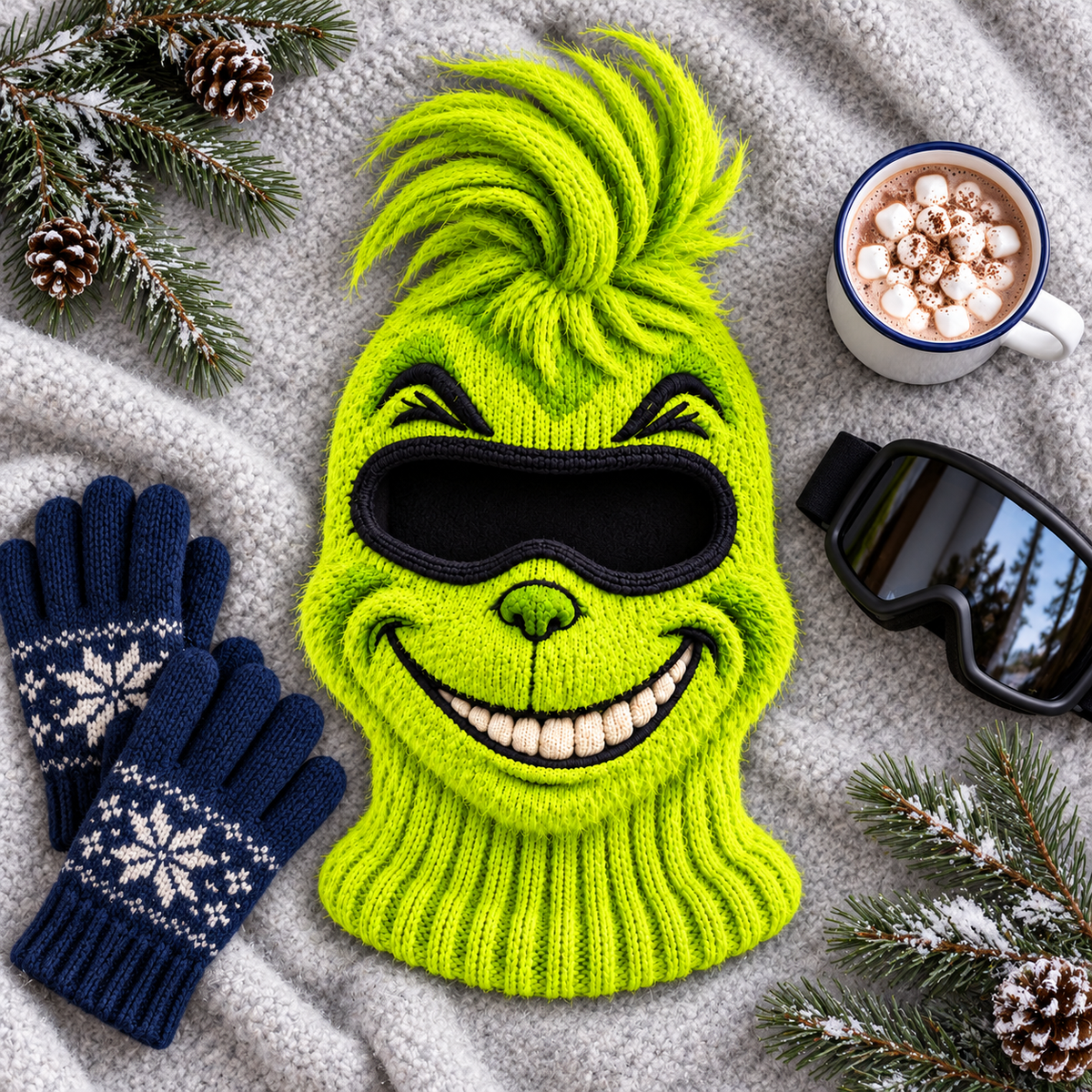 Grumpy Knit Ski Mask laid flat with gloves and goggles