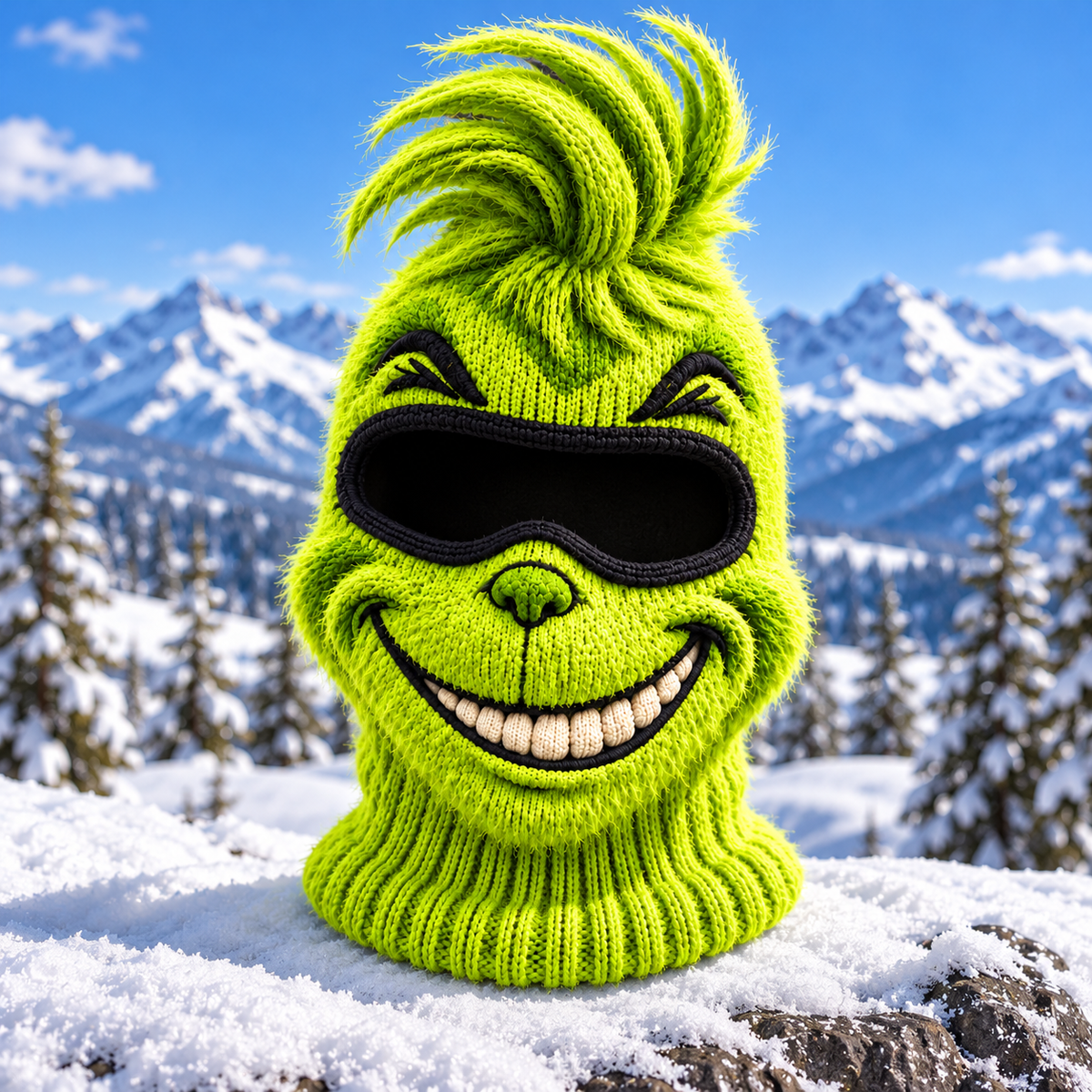 Grumpy Knit Ski Mask, lime-green knit balaclava with yarn hair and stitched grin, on a snowy mountain