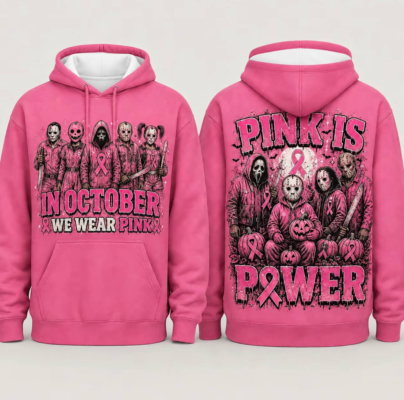 Pink Horror October Hoodie, In October We Wear Pink Scary Movie Character Pumpkin Bat Graphic Pullover Hoodie