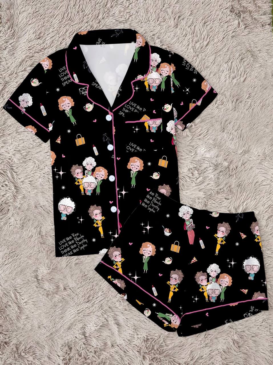 Golden Girls Character Print Women's Pajama Set, Short Sleeve Lapel Top & Shorts