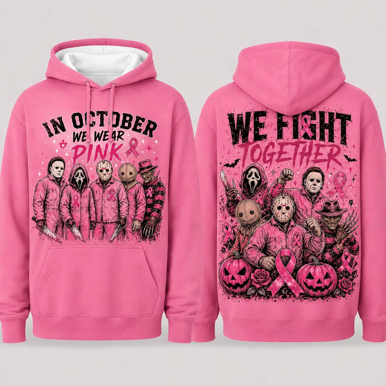 Pink Horror October Hoodie, In October We Wear Pink Scary Movie Character Pumpkin Bat Graphic Pullover Hoodie