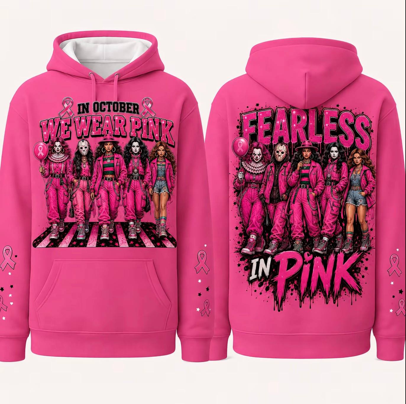 Pink Horror October Hoodie, In October We Wear Pink Scary Movie Character Pumpkin Bat Graphic Pullover Hoodie