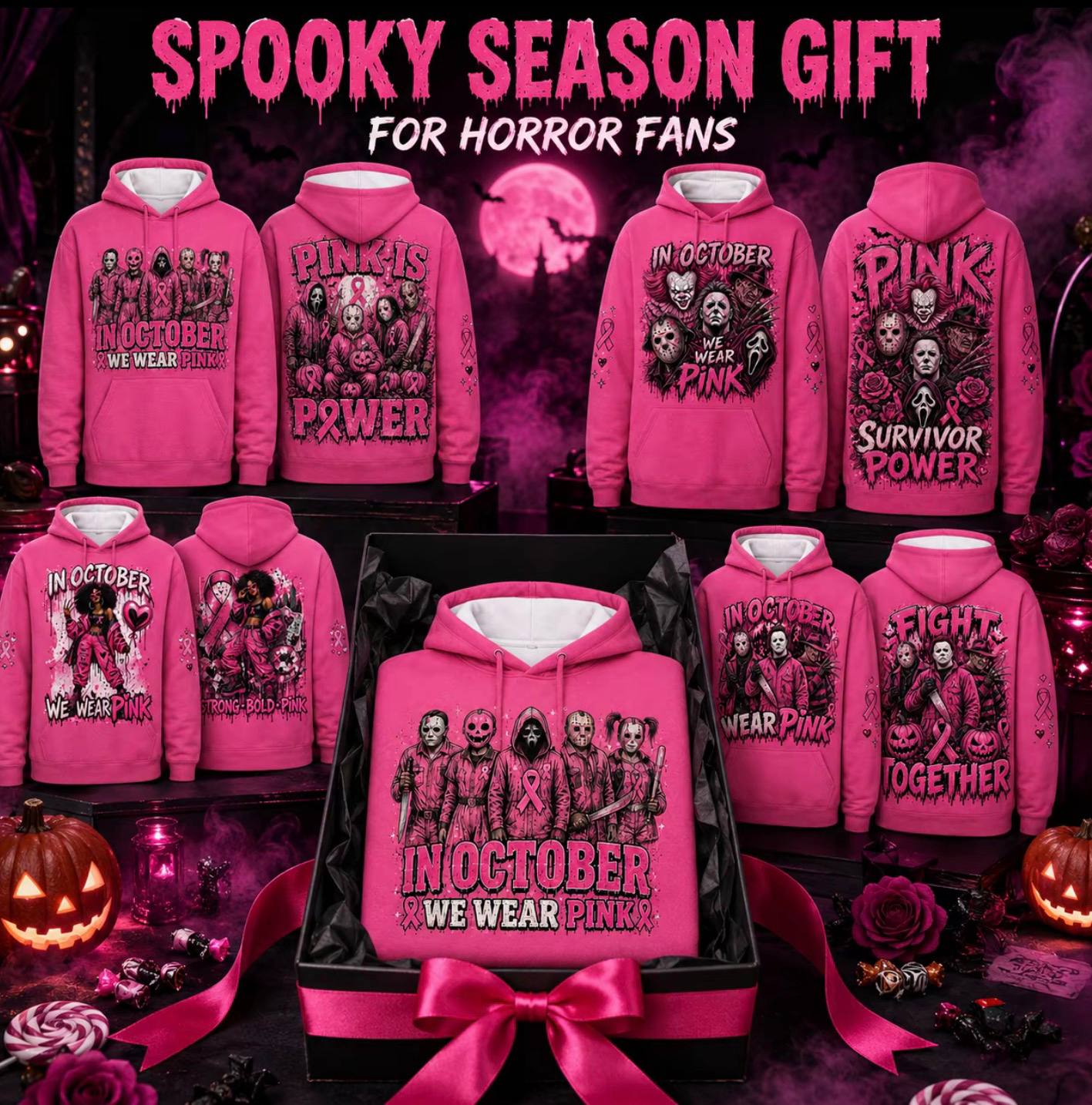 Pink Horror October Hoodie, In October We Wear Pink Scary Movie Character Pumpkin Bat Graphic Pullover Hoodie