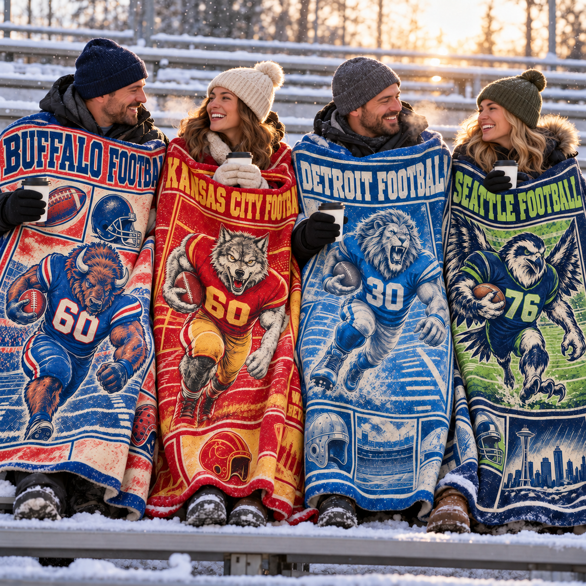 Fans wrapped in Buffalo, Kansas City, Detroit and Seattle football blankets in snowy bleachers