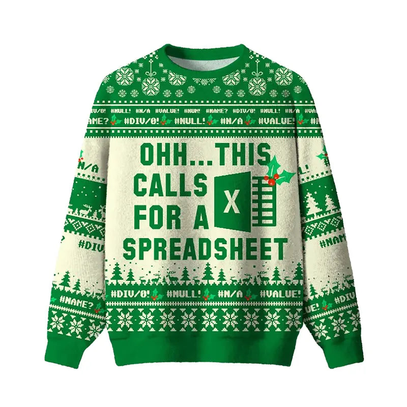 Men's Funny Excel Spreadsheet Ugly Christmas Sweater – Geeky Holiday Pullover, All-Over Print, Funny Christmas Gift