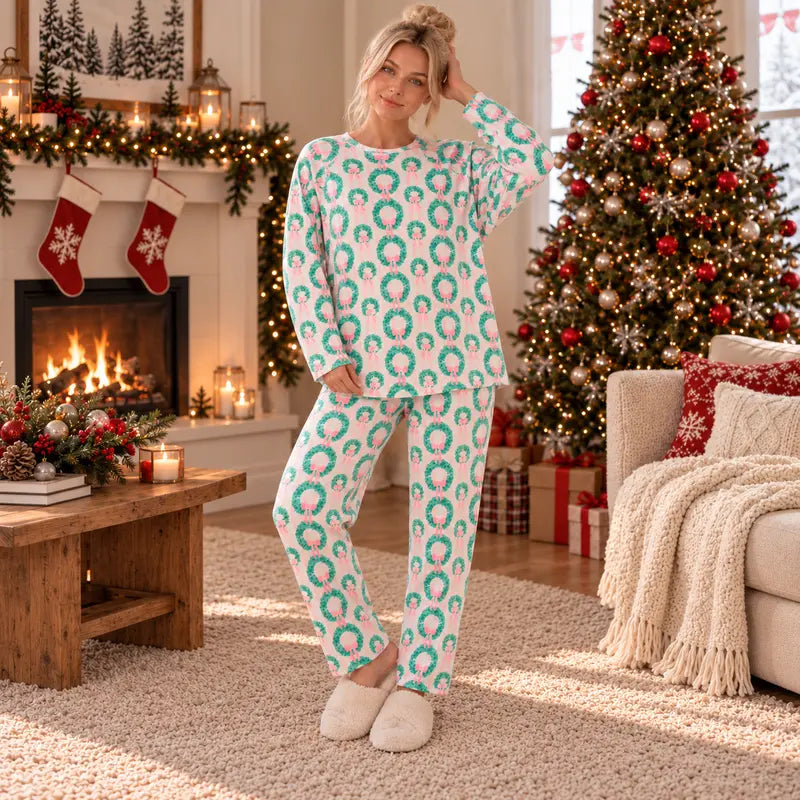 Women's Christmas Tree & Bow Print Pajama Set – 2-Piece Long Sleeve Top & Jogger Pants