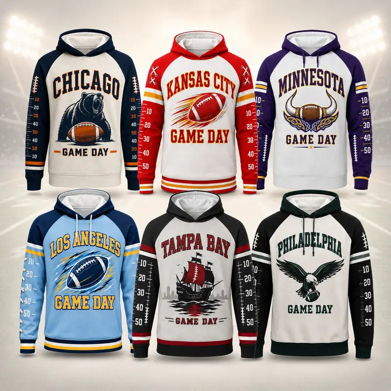 Football Game Day Hoodie Collection – Vintage City & Mascot Graphic Pullover for Football Fans