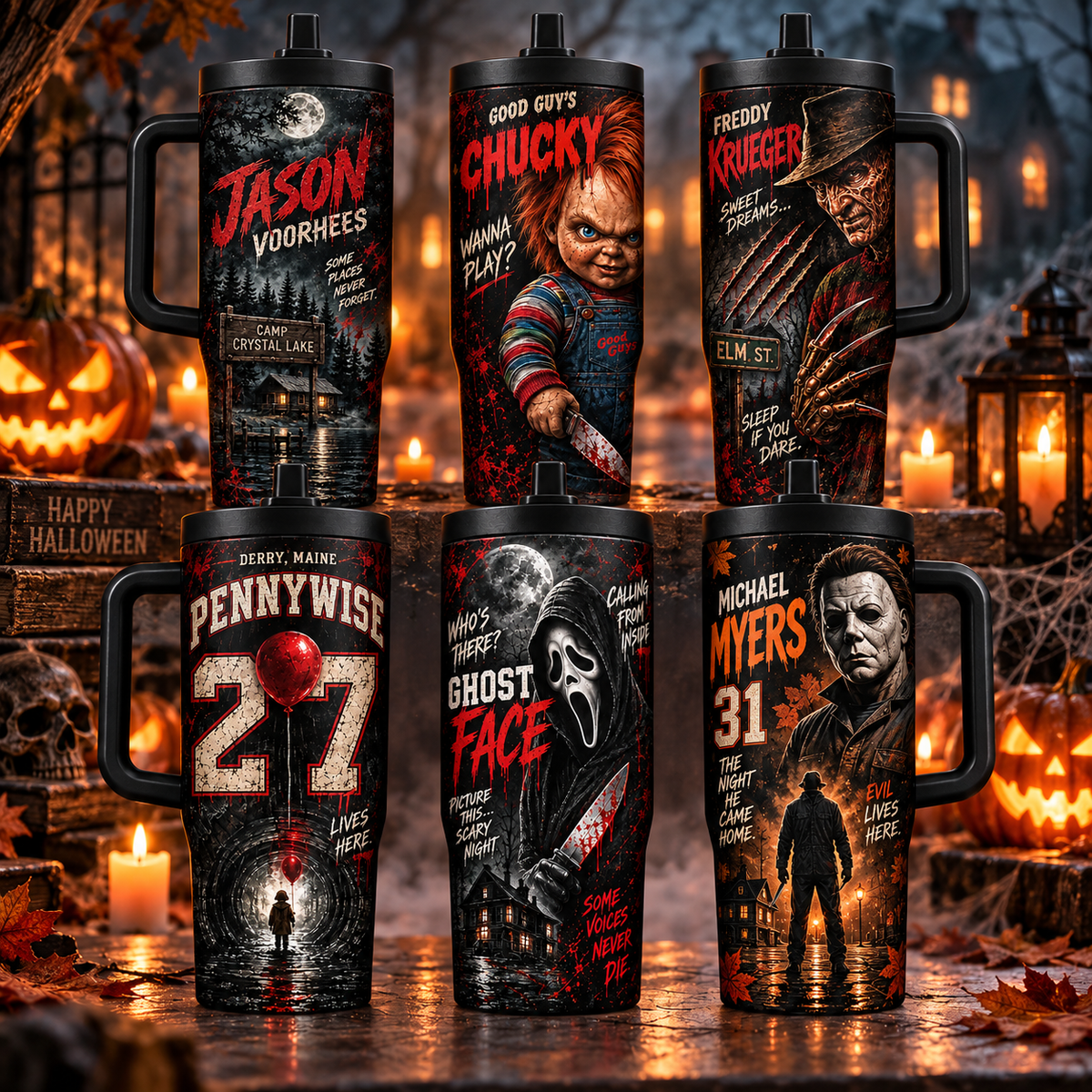 Horror Icons 40oz Tumbler with Handle – Halloween Slasher Collection, 3-Side Wrap Design, Insulated Travel Cup