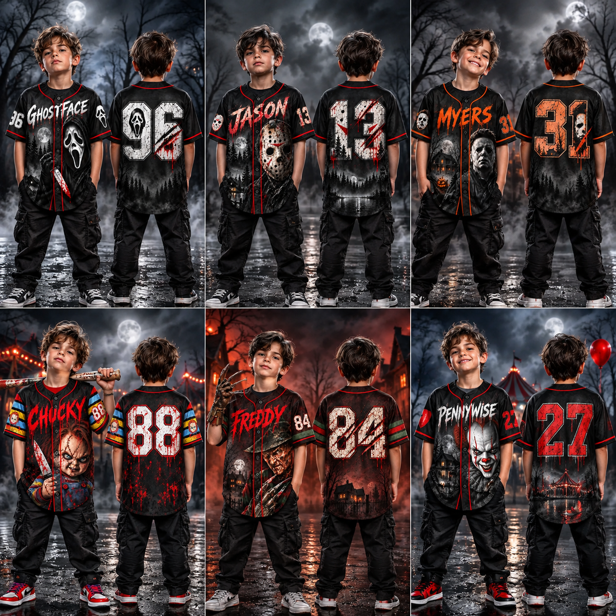Kids Horror Baseball Jersey – Halloween Slasher Graphic Button Up Shirt, Boys & Girls Halloween Outfit