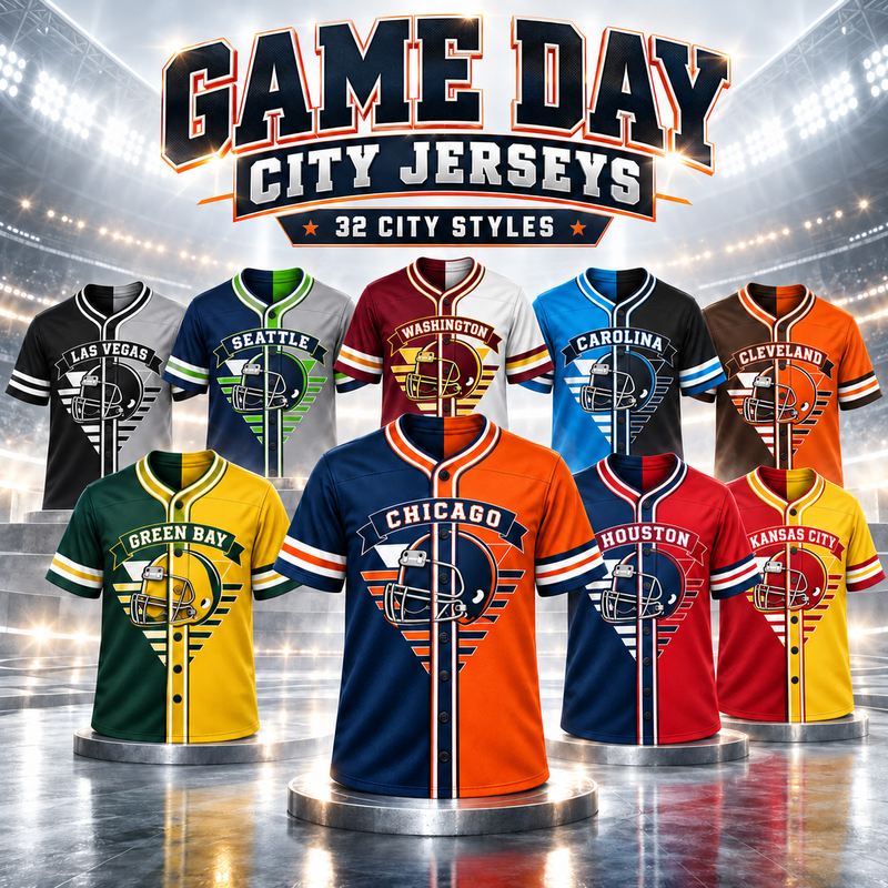 Retro Football Baseball Jersey – City Skyline Helmet Design, Split Color Game Day Fan Shirt