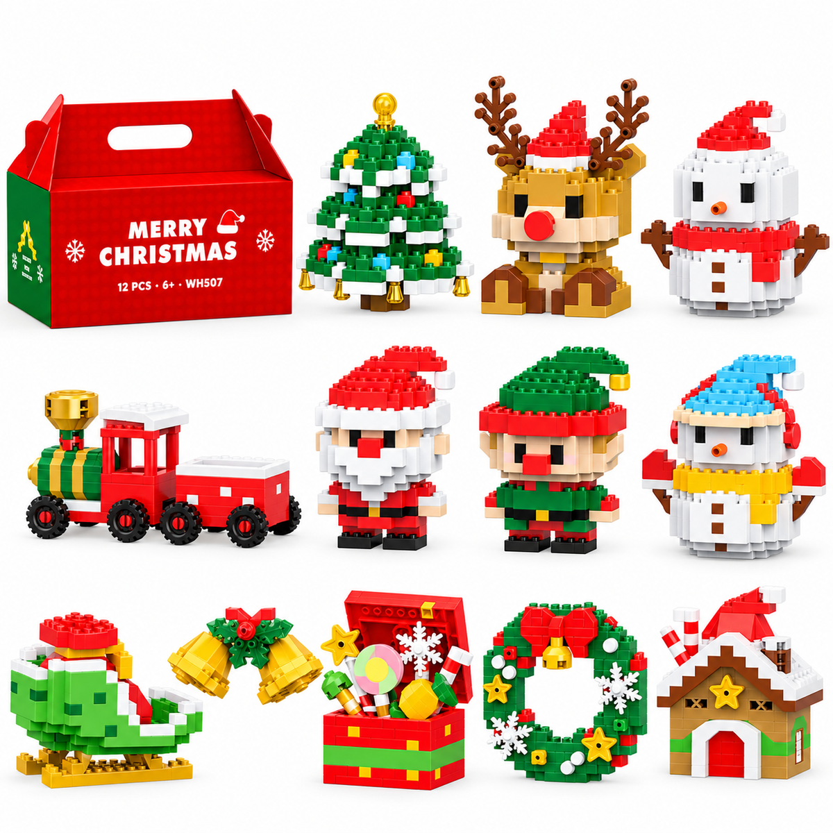 Christmas Mini Building Blocks Set – Santa, Elf, Reindeer, Snowman & Christmas Tree Holiday Toy Collection
