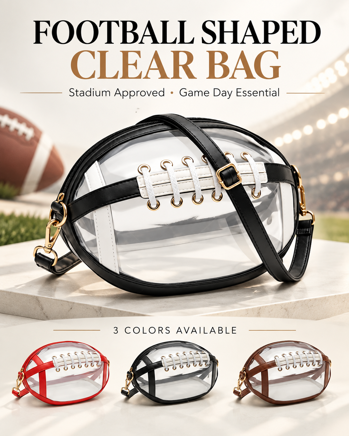 Football Shaped Clear Bag – Stadium Approved Game Day Crossbody Bag