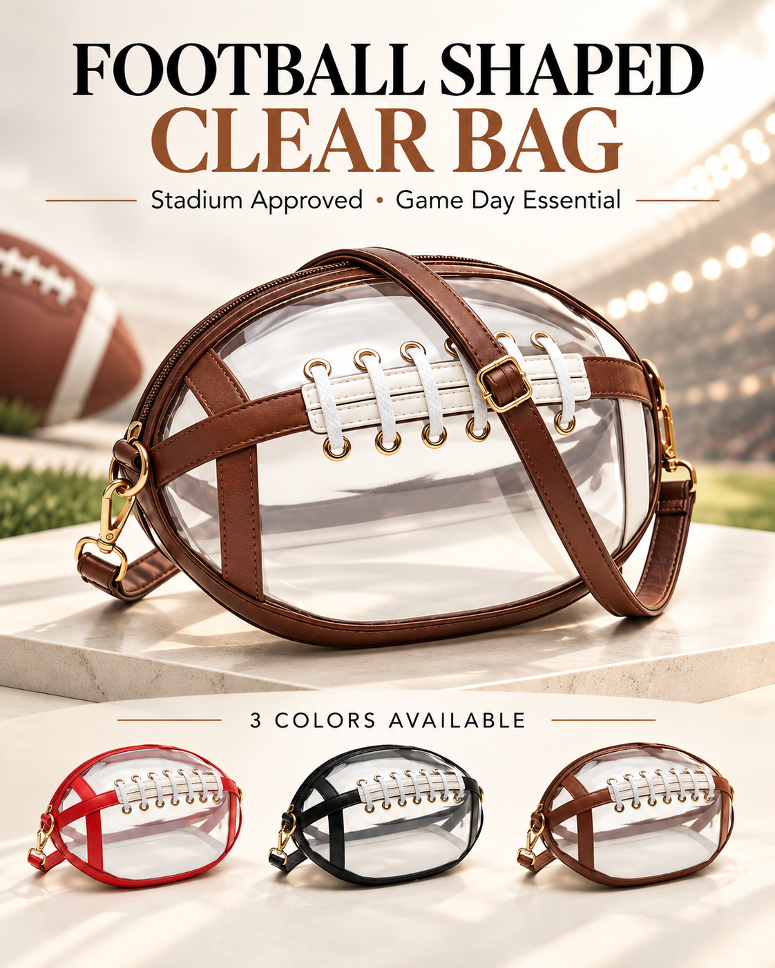 Football Shaped Clear Bag – Stadium Approved Game Day Crossbody Bag