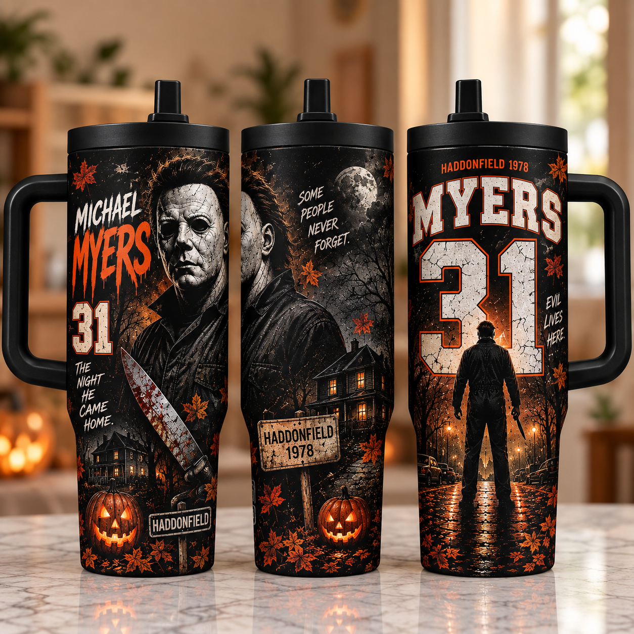 Horror Icons 40oz Tumbler with Handle – Halloween Slasher Collection, 3-Side Wrap Design, Insulated Travel Cup