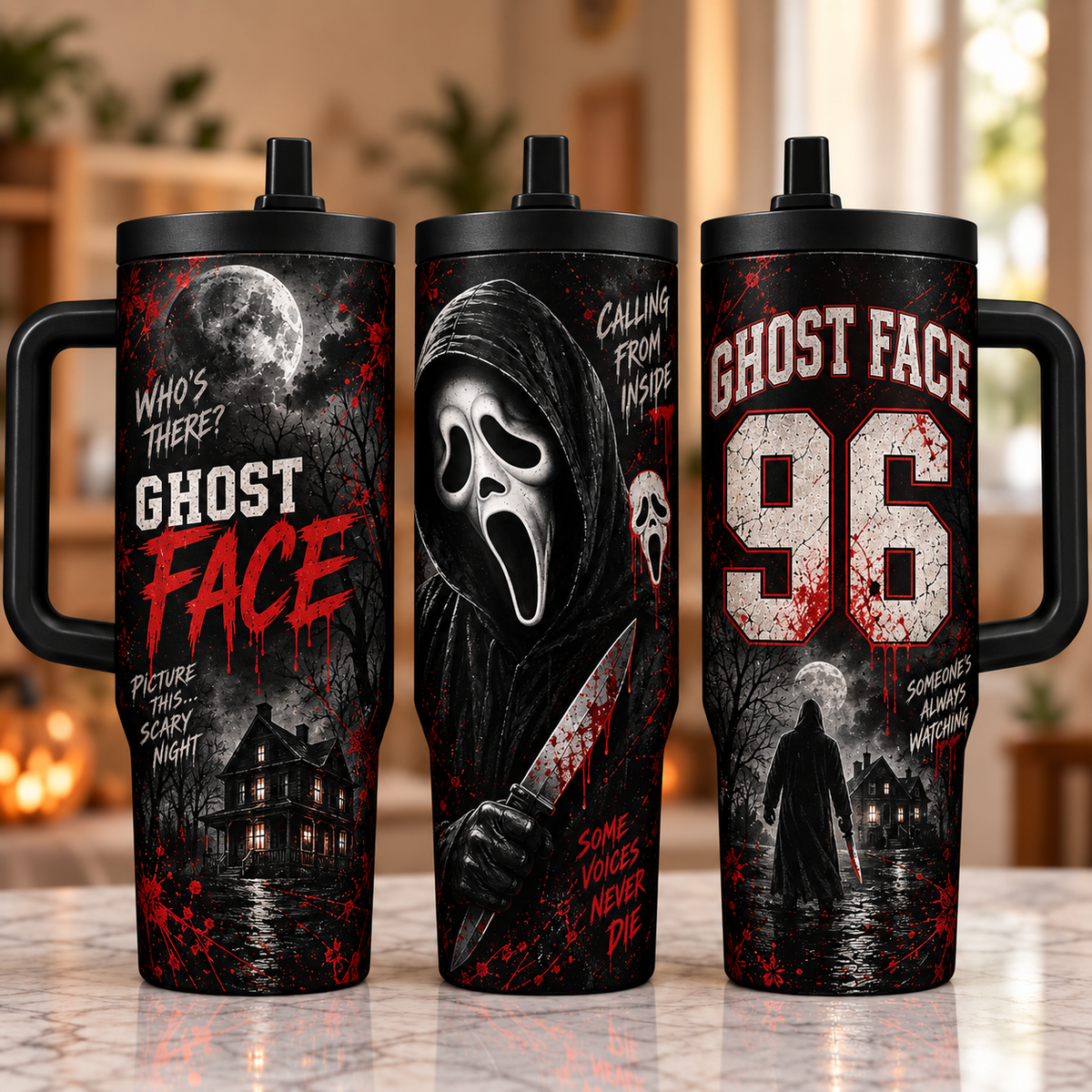 Horror Icons 40oz Tumbler with Handle – Halloween Slasher Collection, 3-Side Wrap Design, Insulated Travel Cup
