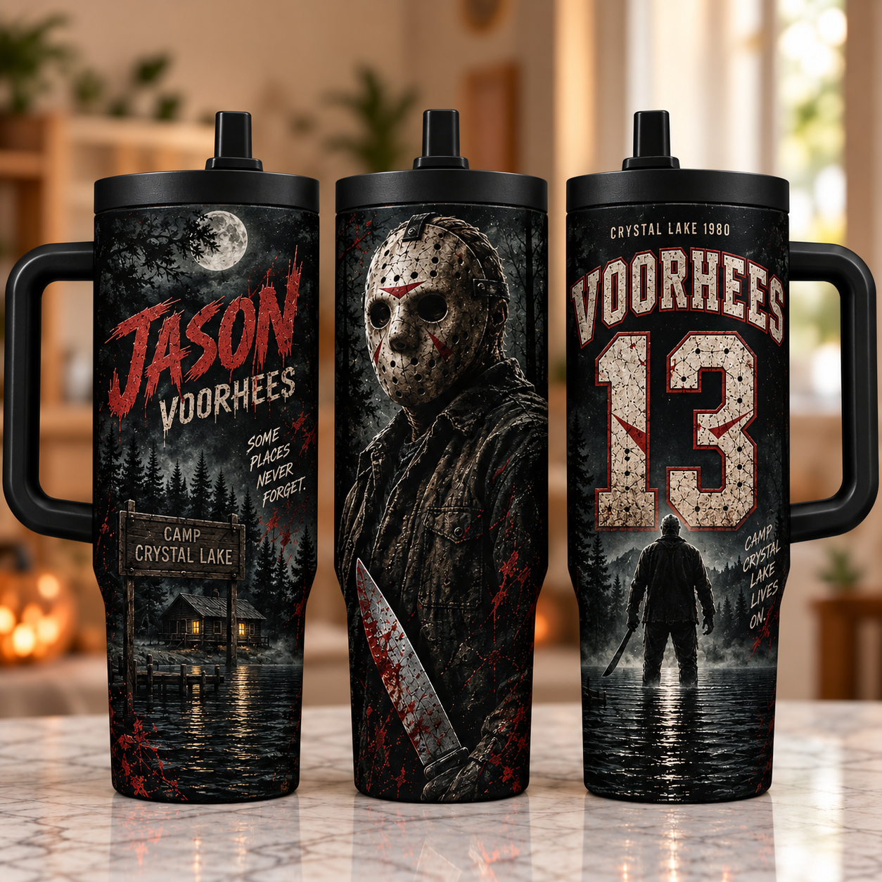 Horror Icons 40oz Tumbler with Handle – Halloween Slasher Collection, 3-Side Wrap Design, Insulated Travel Cup