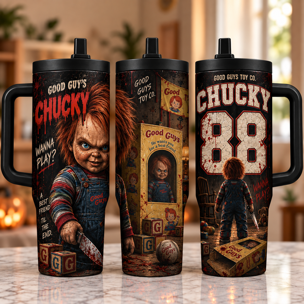 Horror Icons 40oz Tumbler with Handle – Halloween Slasher Collection, 3-Side Wrap Design, Insulated Travel Cup