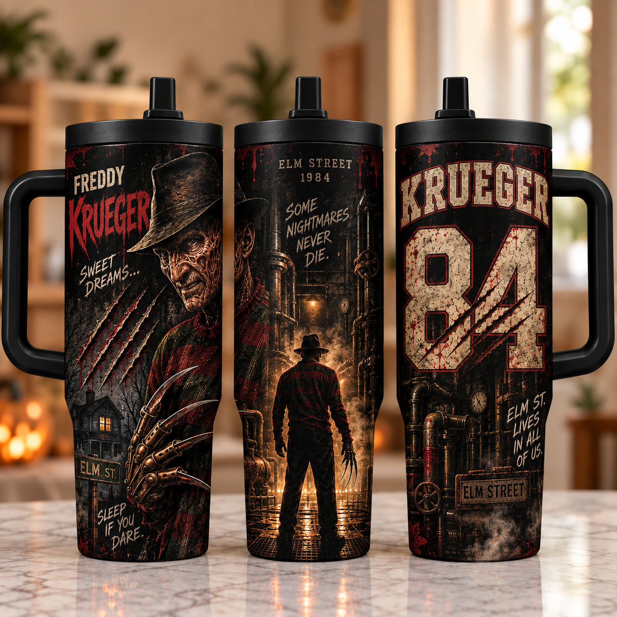 Horror Icons 40oz Tumbler with Handle – Halloween Slasher Collection, 3-Side Wrap Design, Insulated Travel Cup