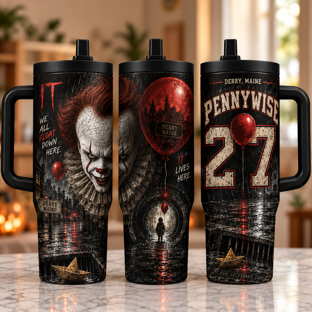 Horror Icons 40oz Tumbler with Handle – Halloween Slasher Collection, 3-Side Wrap Design, Insulated Travel Cup