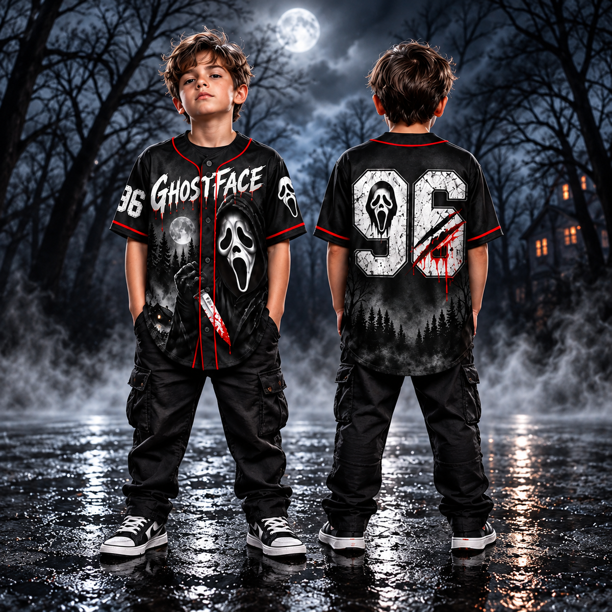 Kids Horror Baseball Jersey – Halloween Slasher Graphic Button Up Shirt, Boys & Girls Halloween Outfit