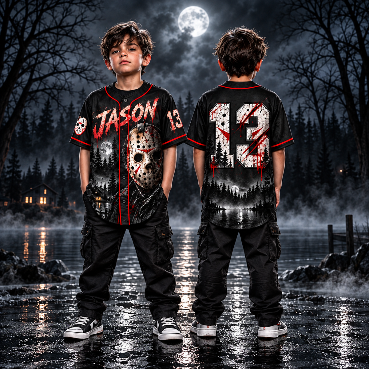 Kids Horror Baseball Jersey – Halloween Slasher Graphic Button Up Shirt, Boys & Girls Halloween Outfit