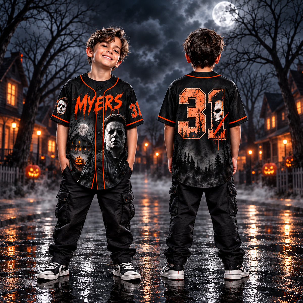 Kids Horror Baseball Jersey – Halloween Slasher Graphic Button Up Shirt, Boys & Girls Halloween Outfit