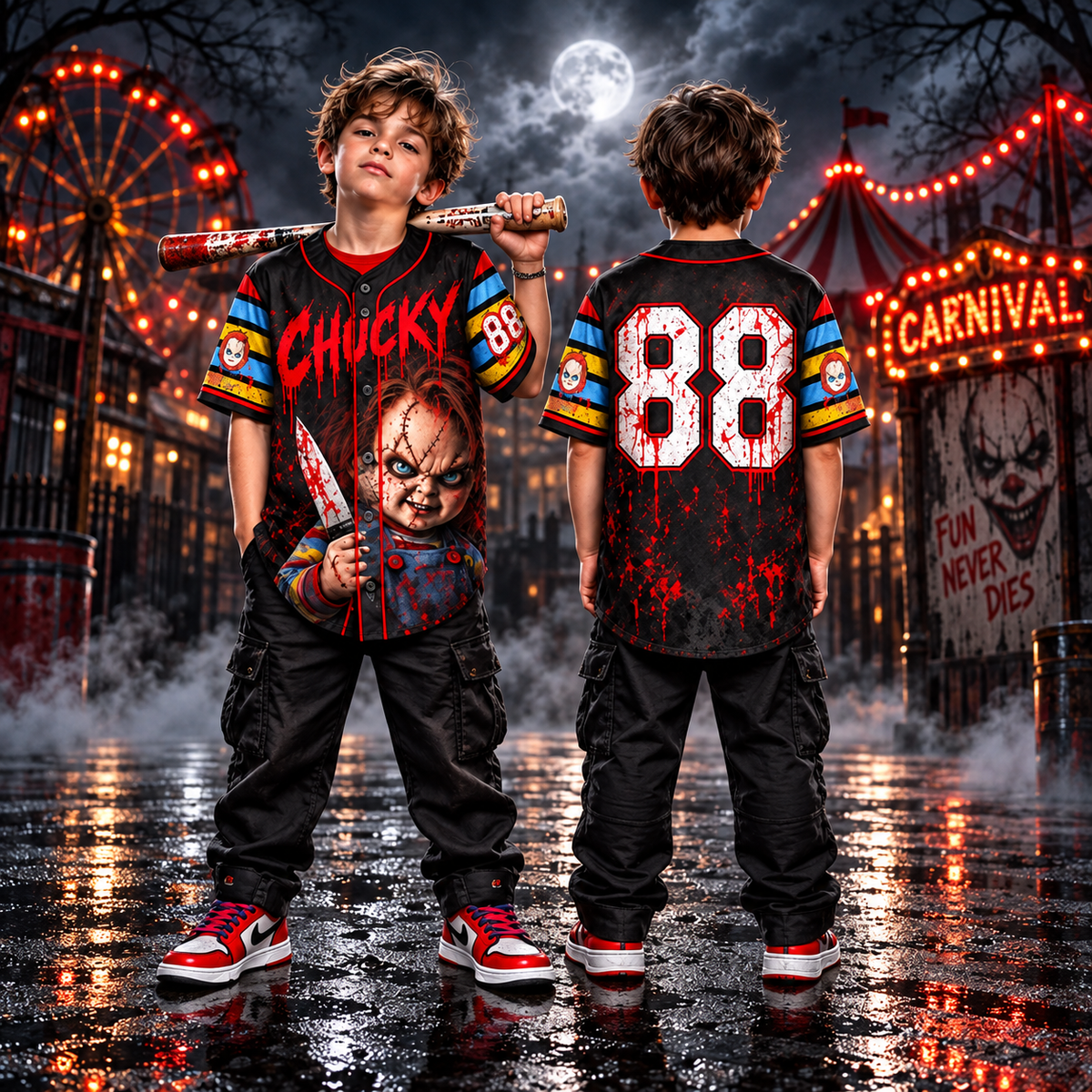 Kids Horror Baseball Jersey – Halloween Slasher Graphic Button Up Shirt, Boys & Girls Halloween Outfit