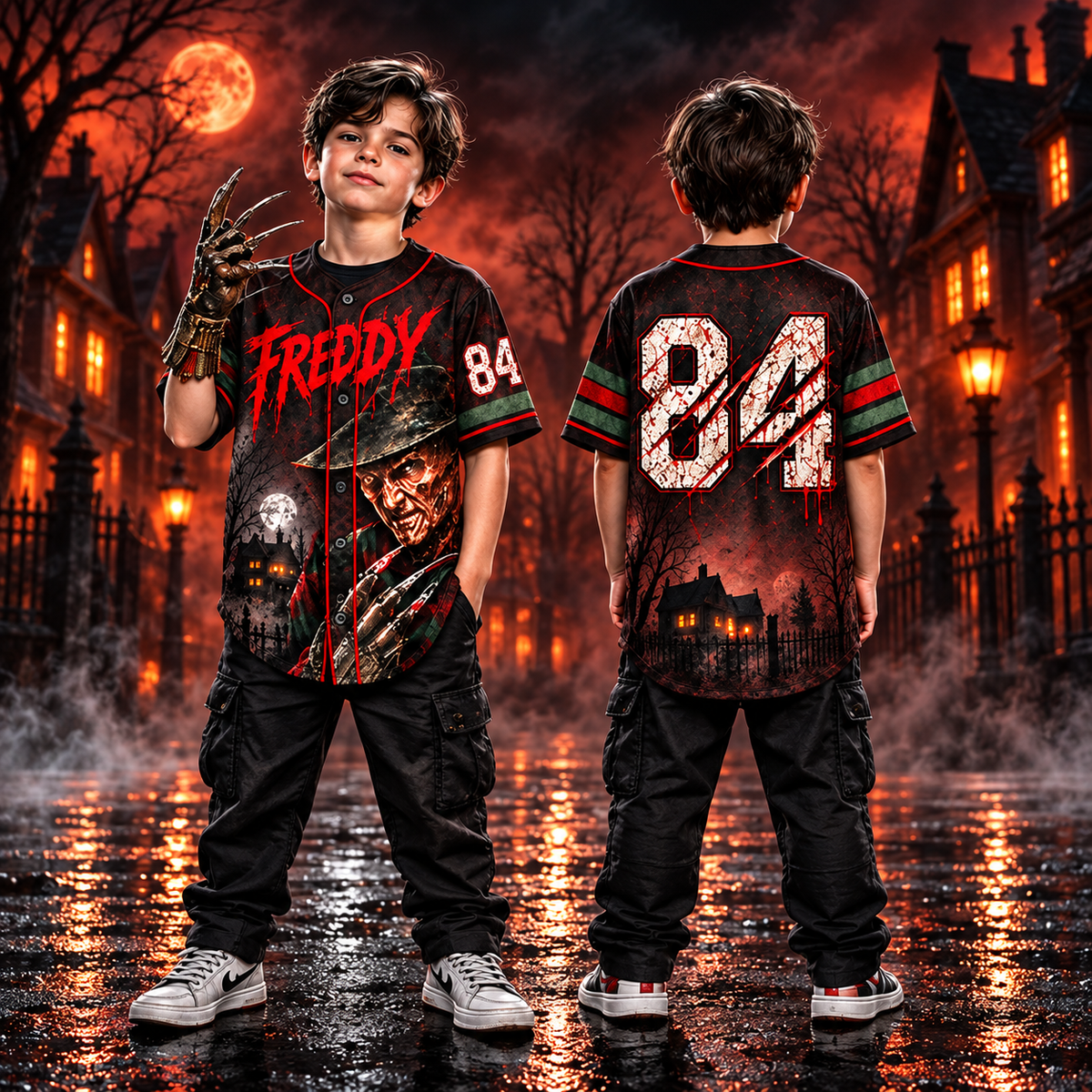 Kids Horror Baseball Jersey – Halloween Slasher Graphic Button Up Shirt, Boys & Girls Halloween Outfit