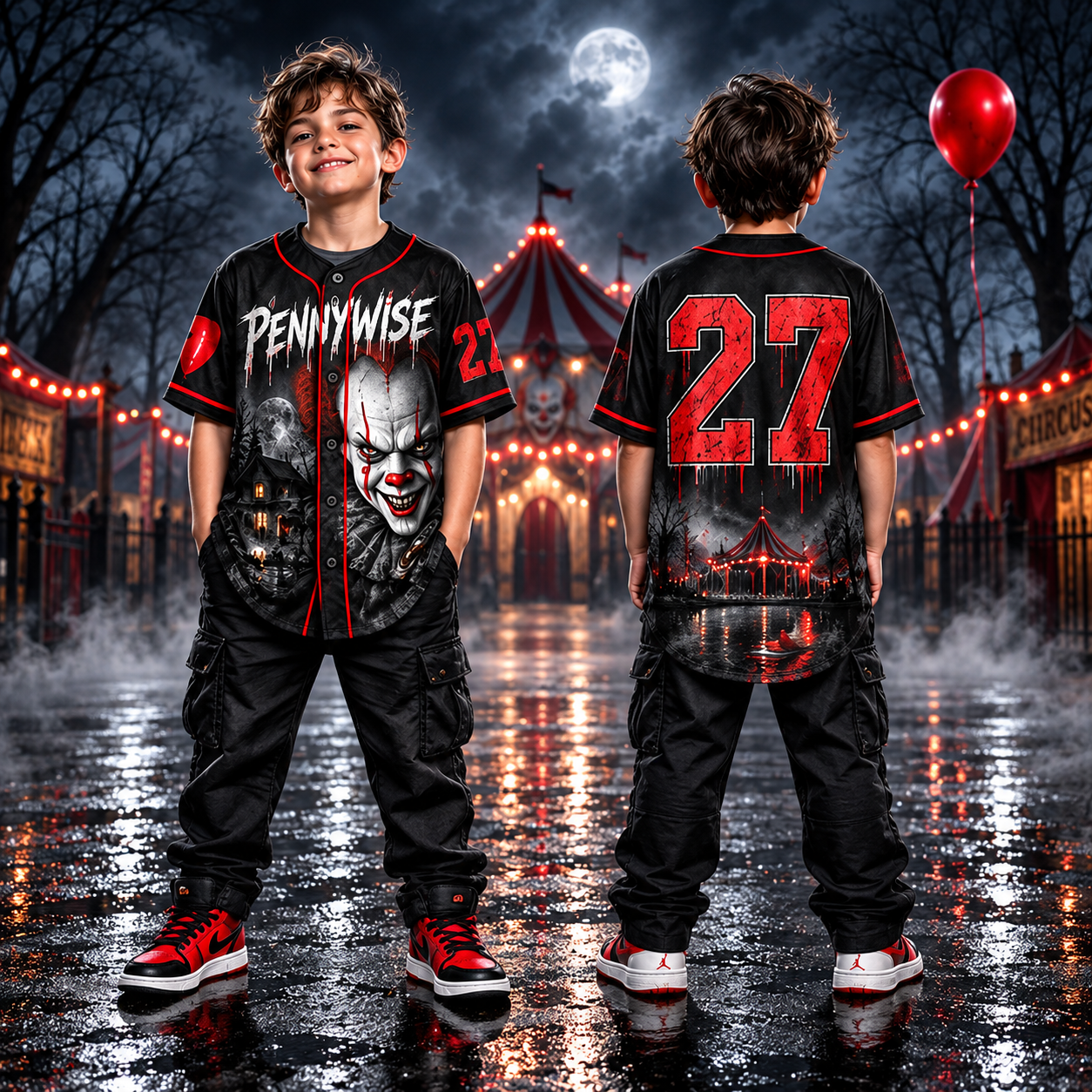 Kids Horror Baseball Jersey – Halloween Slasher Graphic Button Up Shirt, Boys & Girls Halloween Outfit