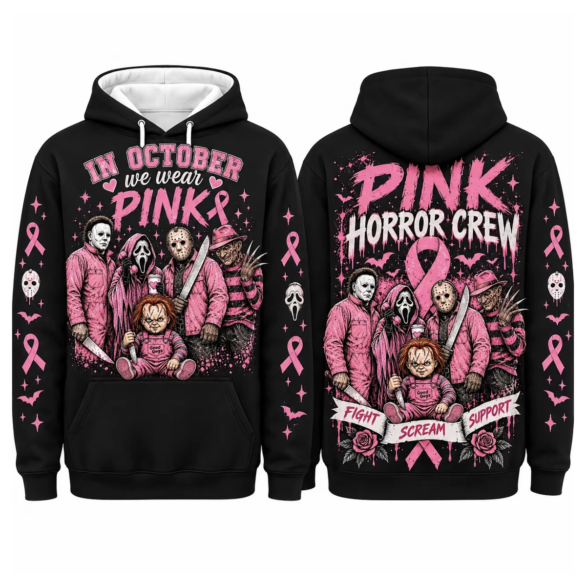 Pink Horror October Hoodie, In October We Wear Pink Scary Movie Character Pumpkin Bat Graphic Pullover Hoodie Black