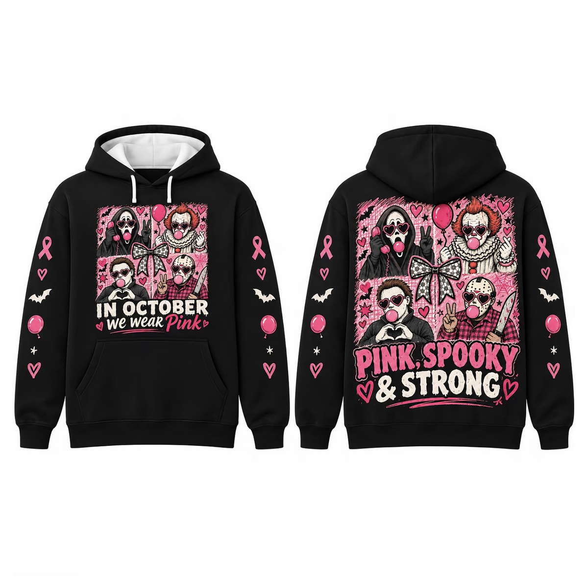 Pink Horror October Hoodie, In October We Wear Pink Scary Movie Character Pumpkin Bat Graphic Pullover Hoodie Black
