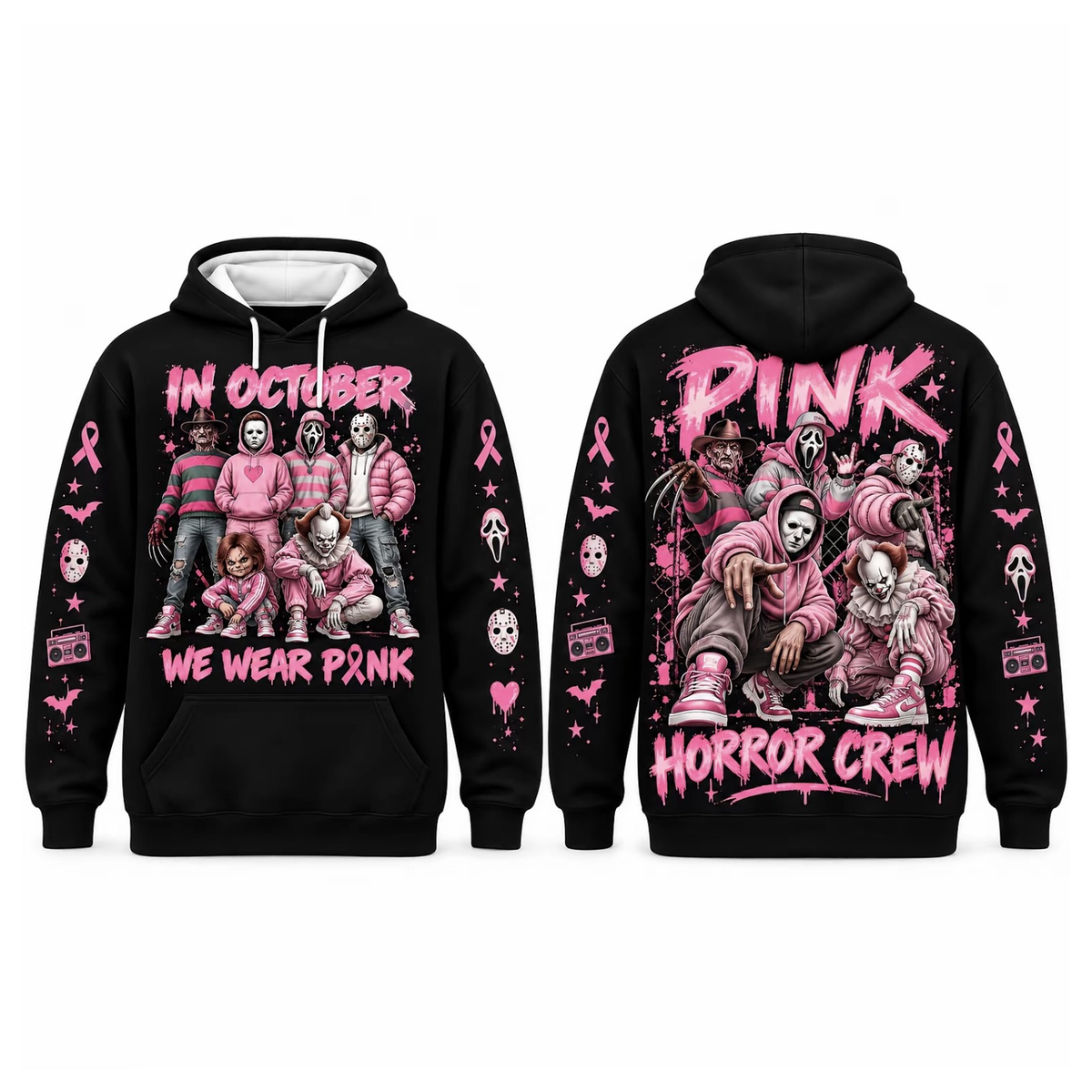 Pink Horror October Hoodie, In October We Wear Pink Scary Movie Character Pumpkin Bat Graphic Pullover Hoodie Black
