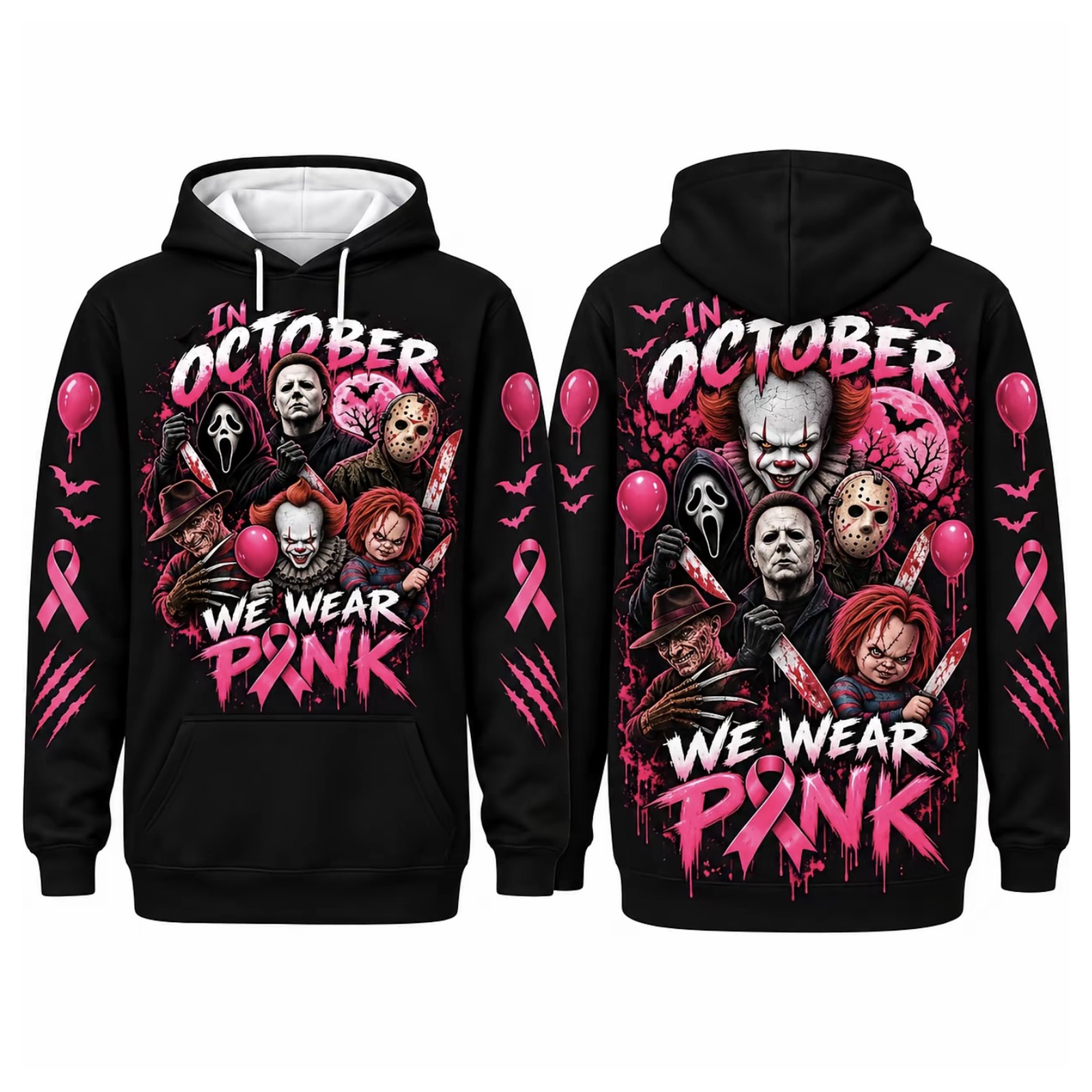 Pink Horror October Hoodie, In October We Wear Pink Scary Movie Character Pumpkin Bat Graphic Pullover Hoodie Black