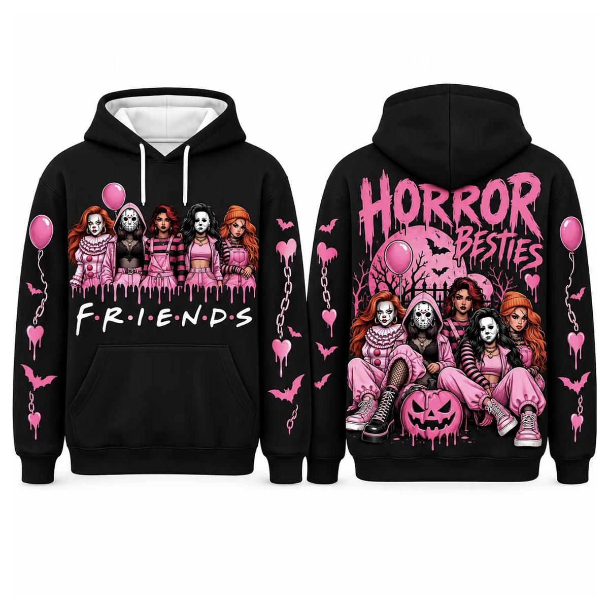 Pink Horror October Hoodie, In October We Wear Pink Scary Movie Character Pumpkin Bat Graphic Pullover Hoodie Black