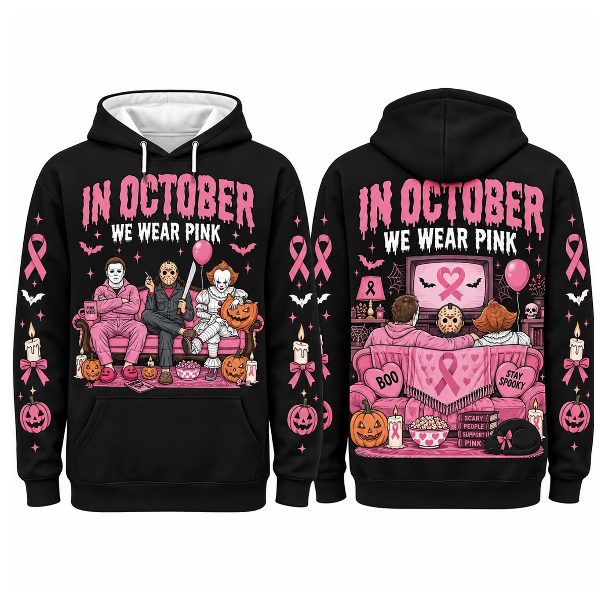 Pink Horror October Hoodie, In October We Wear Pink Scary Movie Character Pumpkin Bat Graphic Pullover Hoodie Black