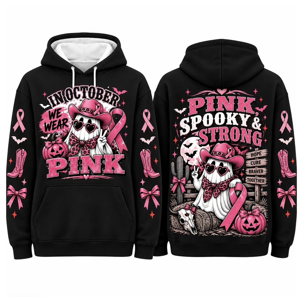 Pink Horror October Hoodie, In October We Wear Pink Scary Movie Character Pumpkin Bat Graphic Pullover Hoodie Black