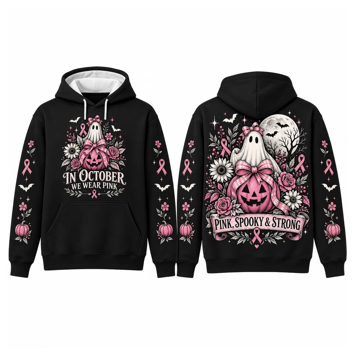 Pink Horror October Hoodie, In October We Wear Pink Scary Movie Character Pumpkin Bat Graphic Pullover Hoodie Black