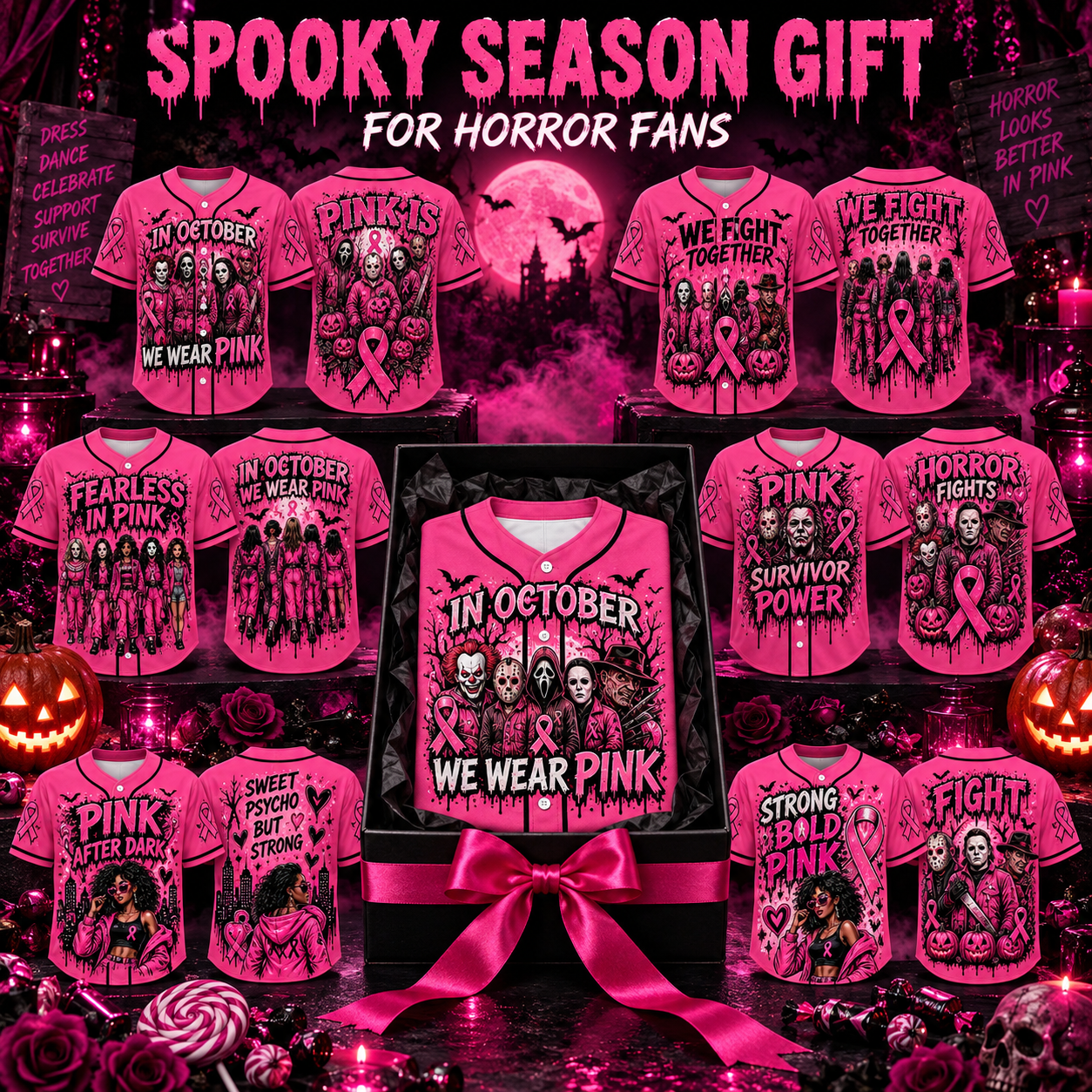 Pink Horror October Jersey, In October We Wear Pink Scary Movie Character Pumpkin Bat Graphic Pullover Jersey
