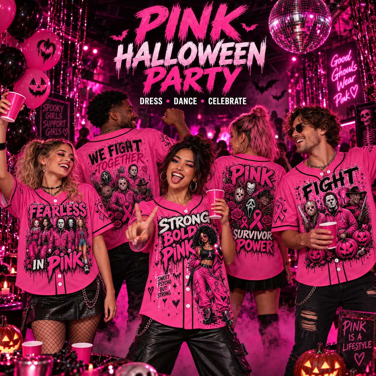 Pink Horror October Jersey, In October We Wear Pink Scary Movie Character Pumpkin Bat Graphic Pullover Jersey