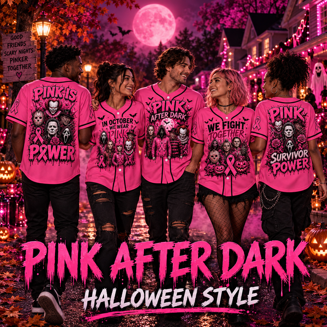 Pink Horror October Jersey, In October We Wear Pink Scary Movie Character Pumpkin Bat Graphic Pullover Jersey