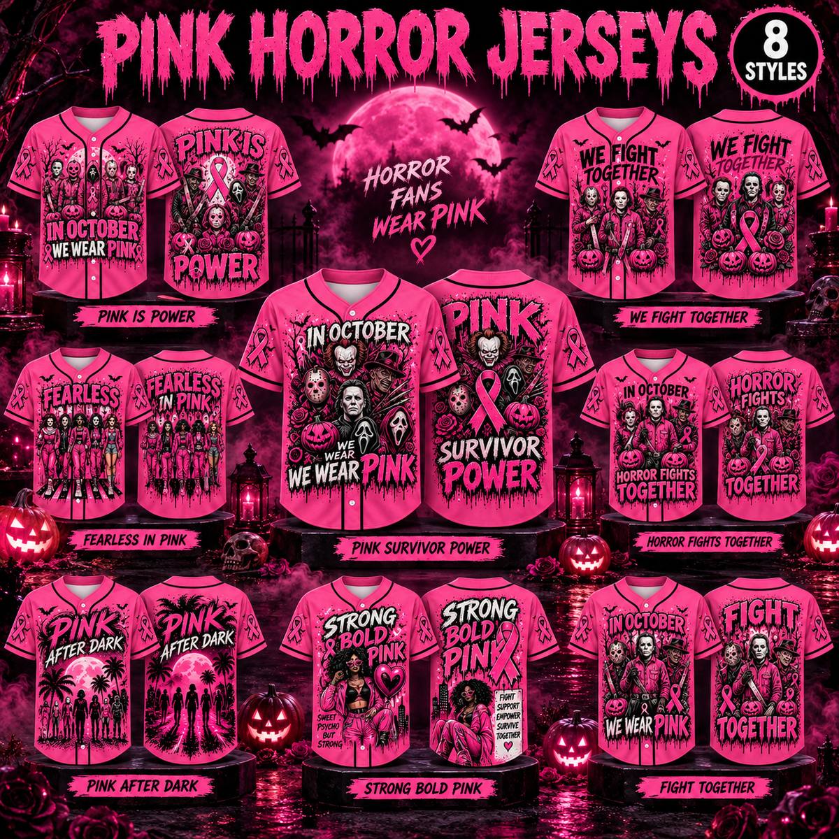 Pink Horror October Jersey, In October We Wear Pink Scary Movie Character Pumpkin Bat Graphic Pullover Jersey