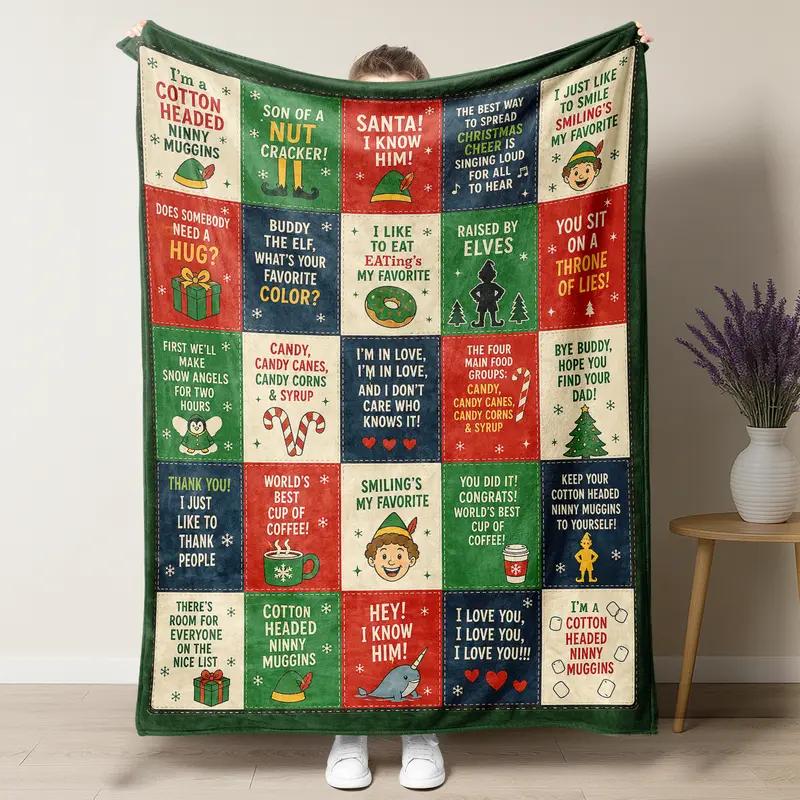Christmas Movie Quotes Fleece Blanket – Holiday Classics Patchwork Throw – Santa's Helper Quotes Patchwork