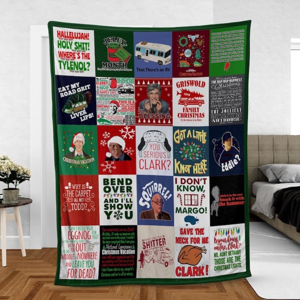 Christmas Movie Quotes Fleece Blanket – Holiday Classics Patchwork Throw – Vacation Quotes Patchwork