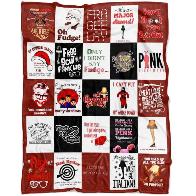 Christmas Movie Quotes Fleece Blanket – Holiday Classics Patchwork Throw – Retro Lamp Quotes Patchwork